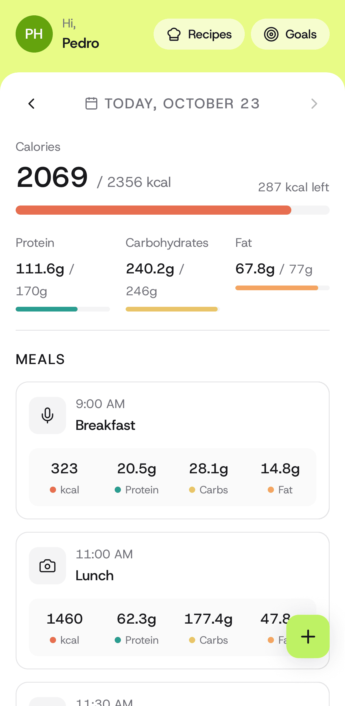 Nutrail home screen: 2069 of 2356 kcal for the day, protein, carbohydrate and fat against the goals, and the logged meals